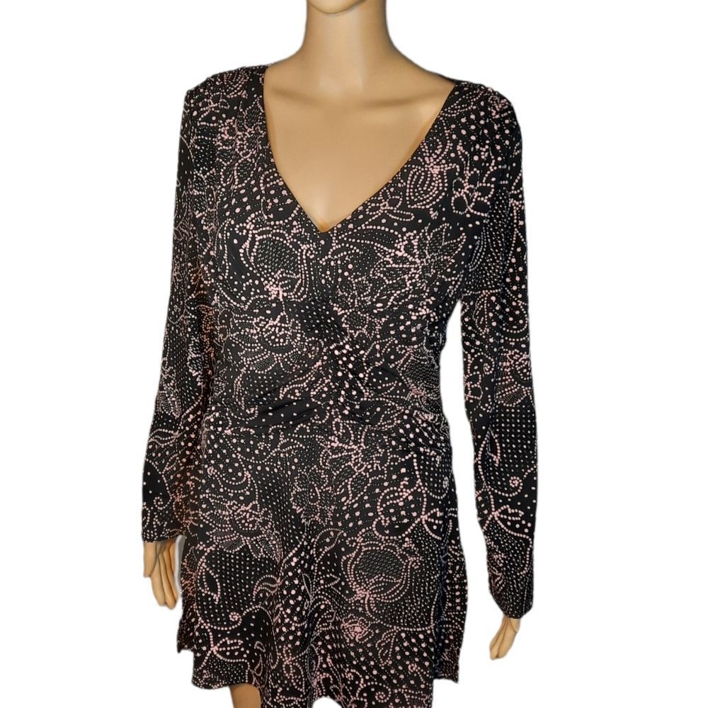 JTB Dress Floral Dot Design Mini Rouched Vintage Black Pink Size S M